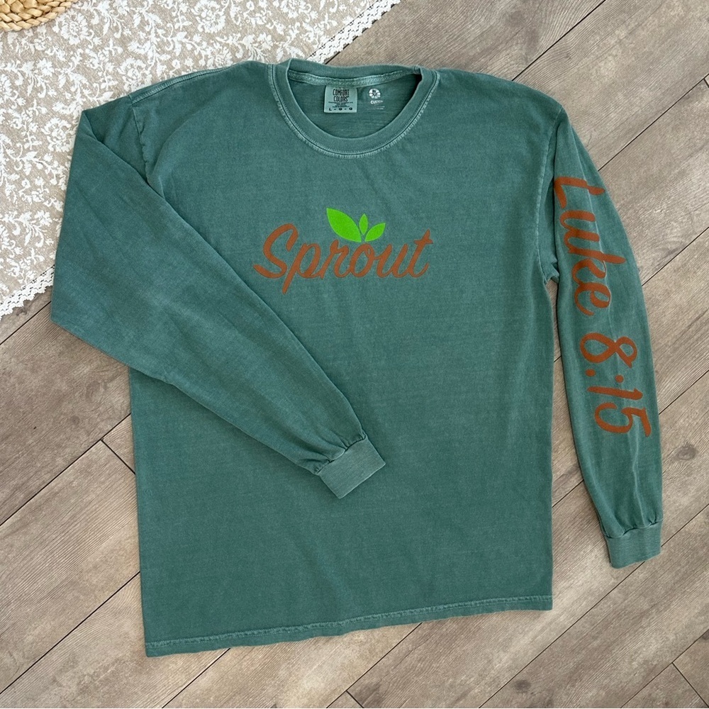 Y2K Comfort Colors ‘Sprout’ Luke 8:15 Long Sleeve Shirt Ring Spun Hand Dyed Sz L